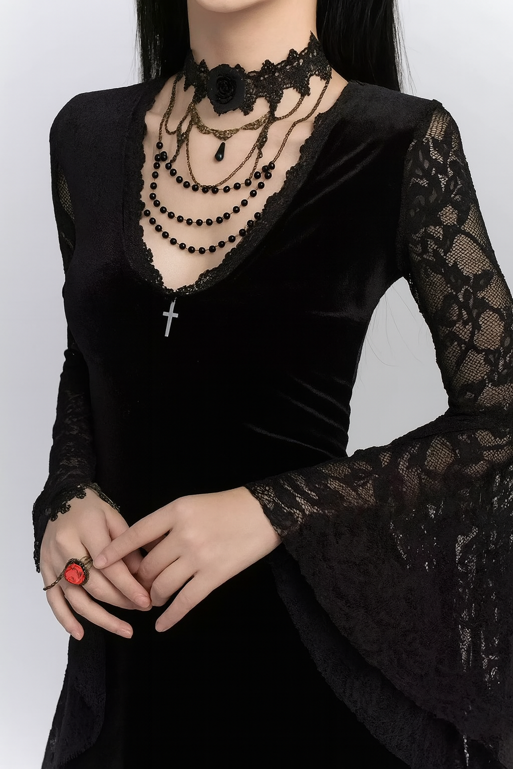 Vampiric Velvet Lace Batwing Dress