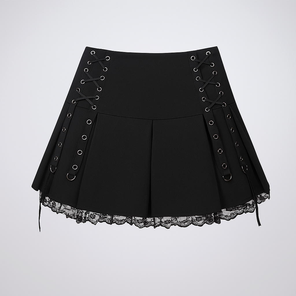 Gothic Black Pleated Mini Skirt with Irregular Strap Design