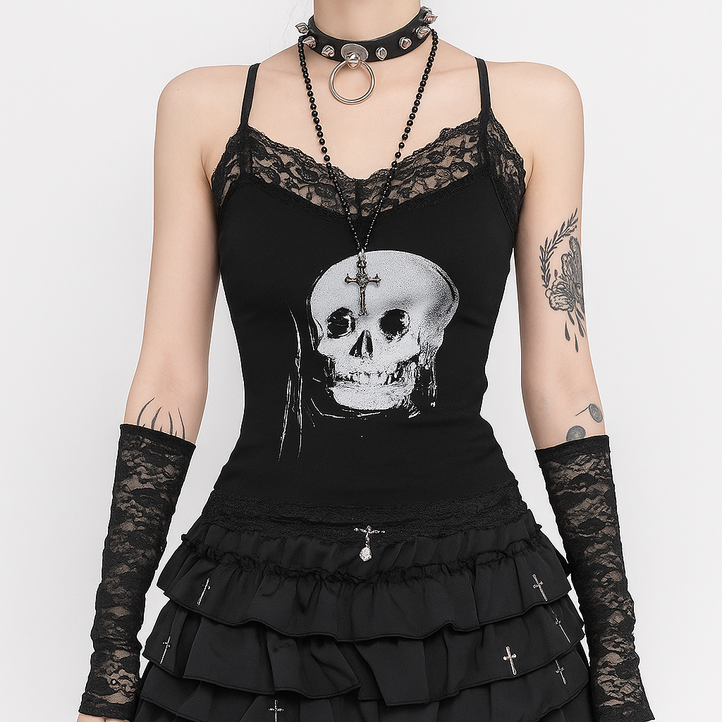 Gothic Skull Lace Crop Top with Skeleton Print