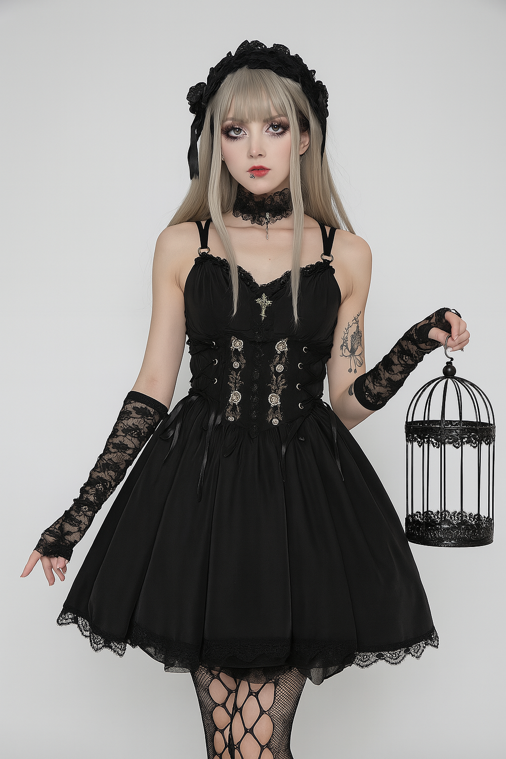 Gothic Elegance A-Line Dress with Lace Detailing