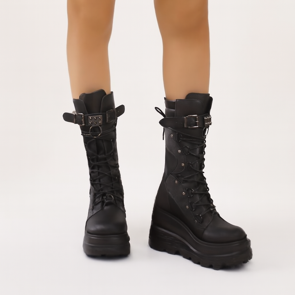 Women's Metal Beads Decor Wedge Heeled Boots, Fashion Lace Up Punk Style Boots, Stylish Back Zipper Boots