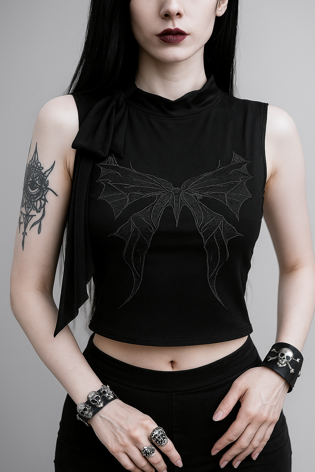 Gothic Black Butterfly Strappy Tank Top with Embroidery