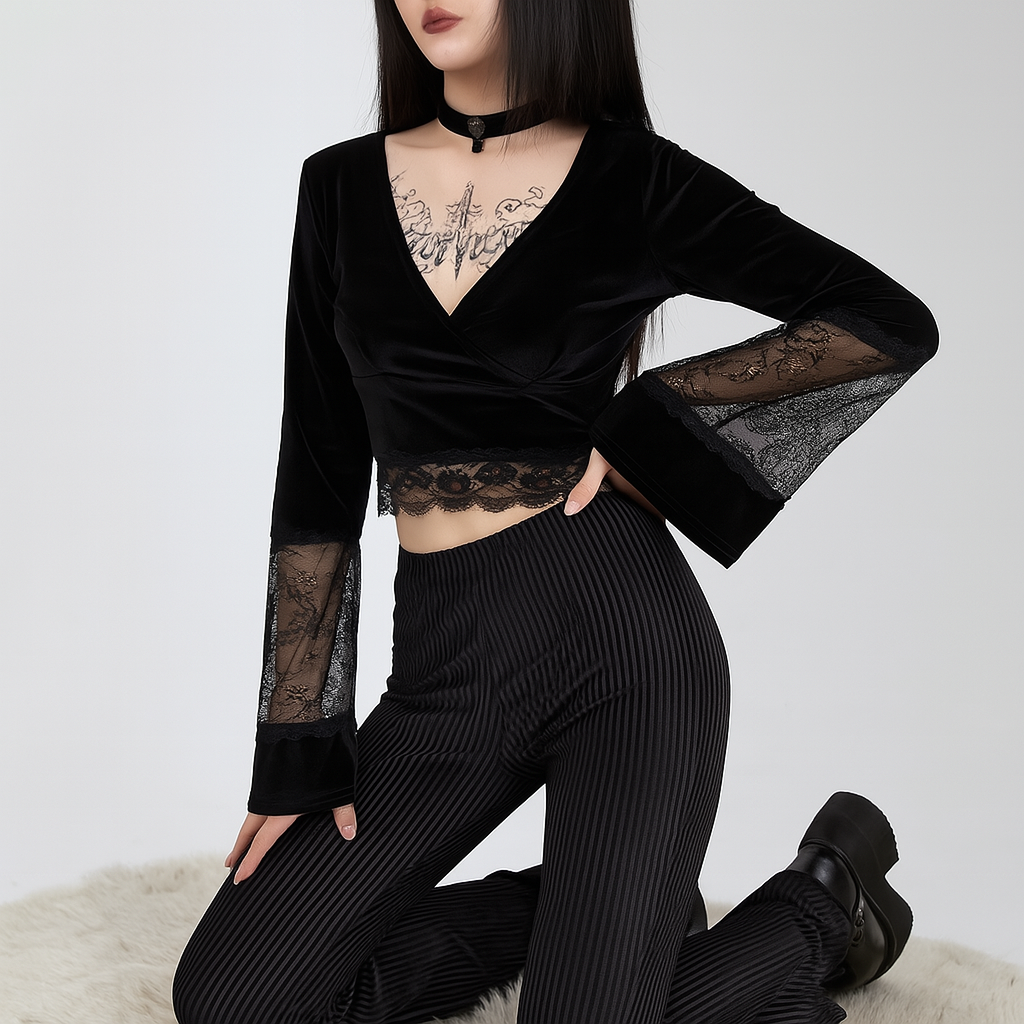 Sheer Lace Flared Sleeve Crop Top