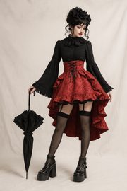 Gothic High-Waisted Lace-Up Midi Skirt in Red and Black