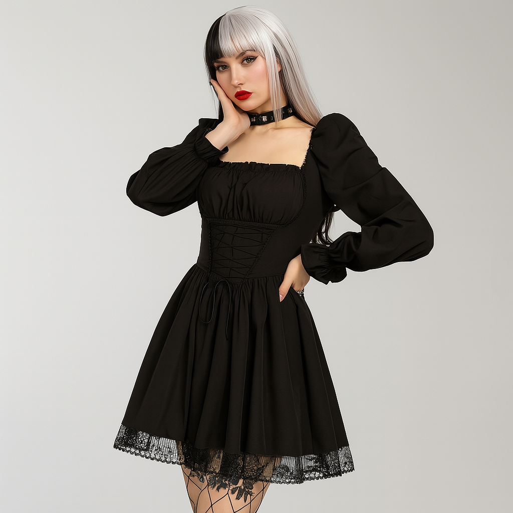 Puff Sleeve Gothic Princess Dress with Lace Trim