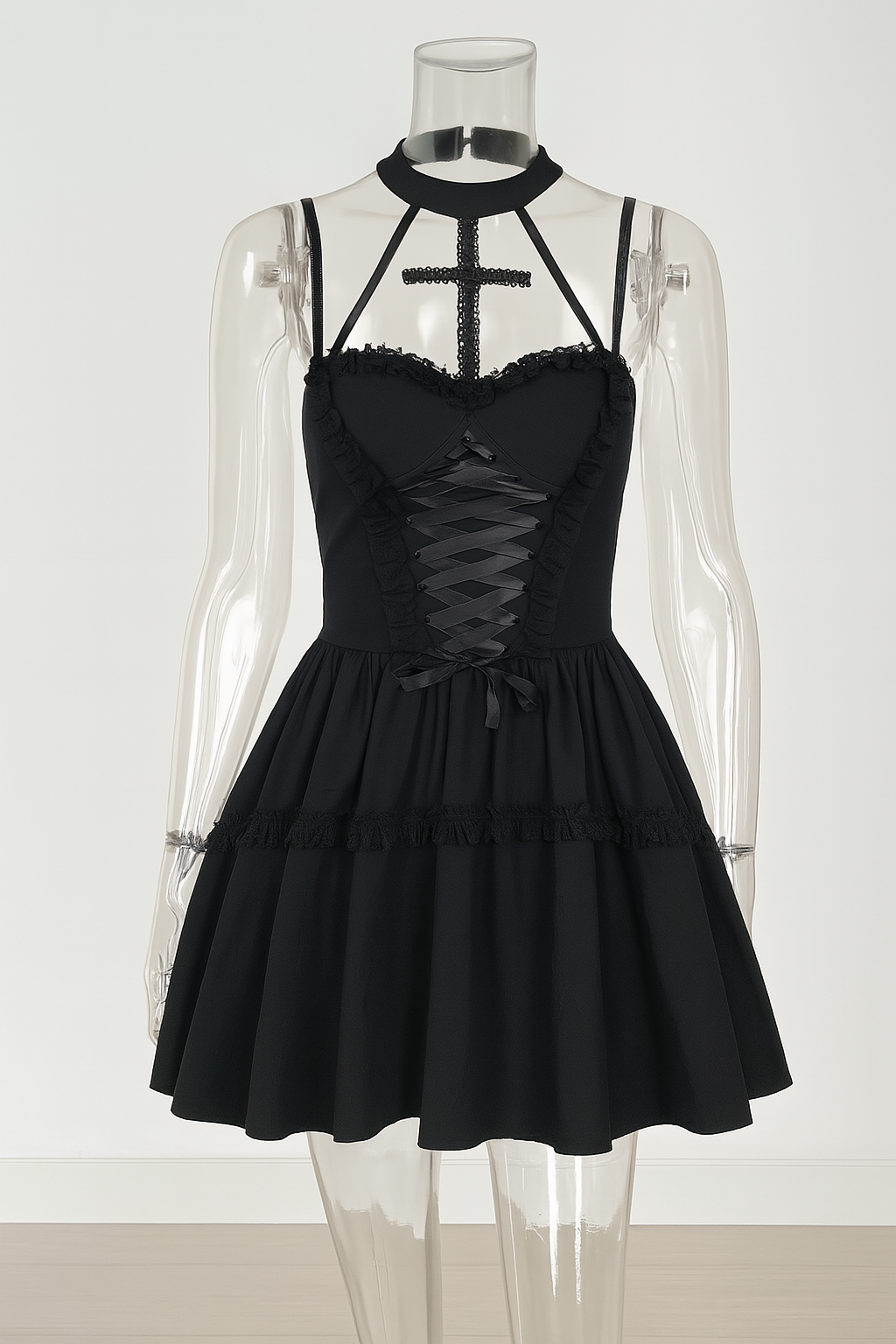 Gothic Cross Halter Dress with Lace Accents