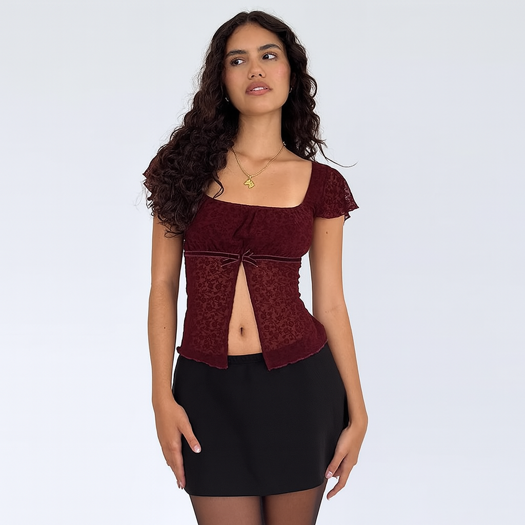 Gothic Red Crop Top with Square Neck and Side Slit