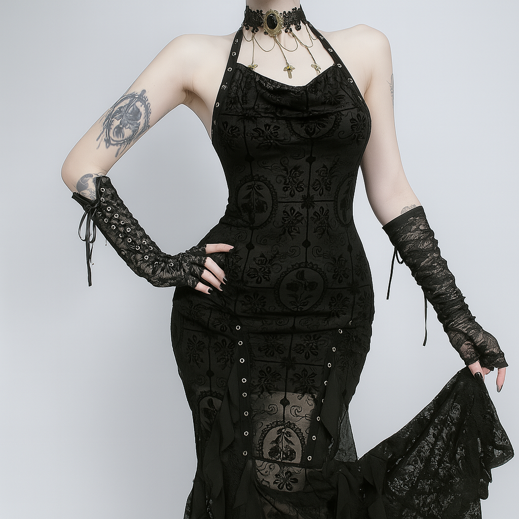 Plush Velvet Halter Long Dress With Fish Tail Silhouette