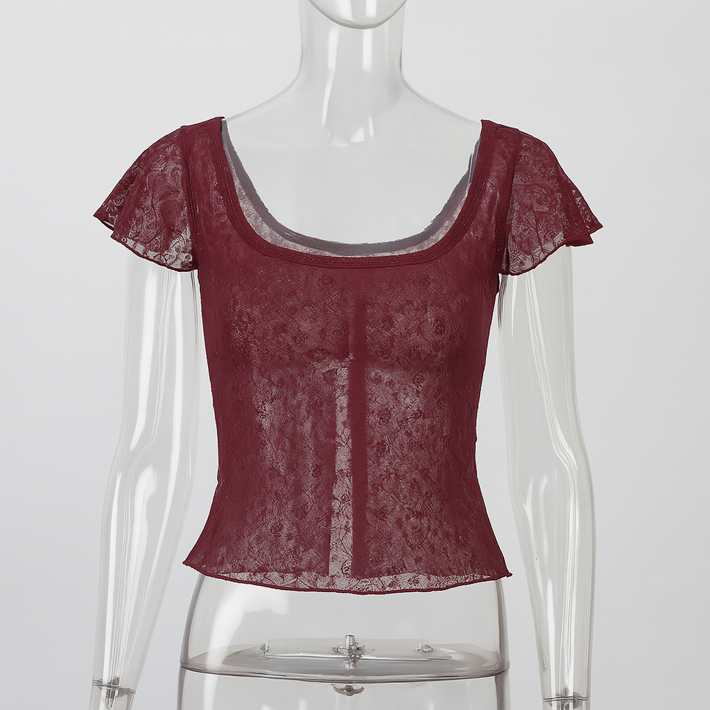 Gothic Red Crop Top with Square Neck and Side Slit