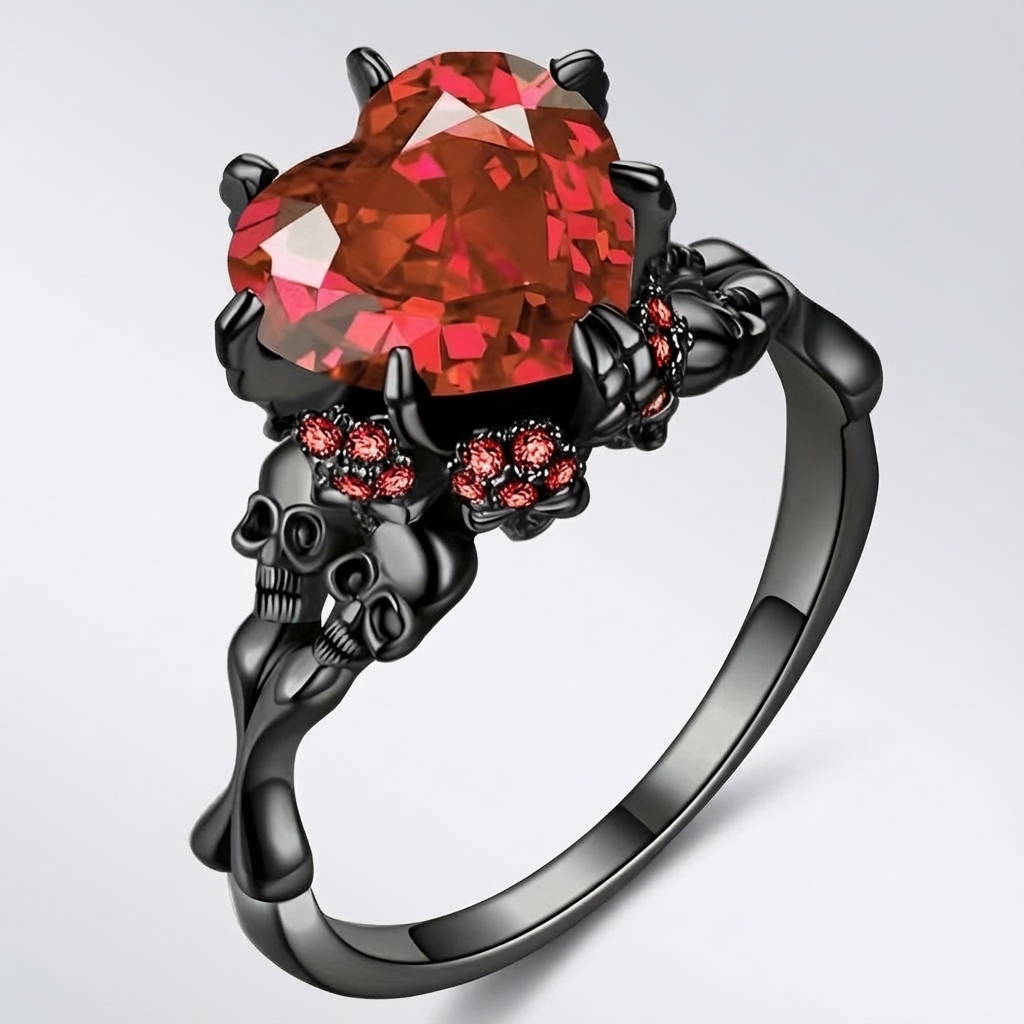 Gothic Black Double Skull Ring with Red Heart-Shaped Crystal – Vintage Women’s Jewelry for Parties, Weddings, and Casual Attire, Skull Jewelry