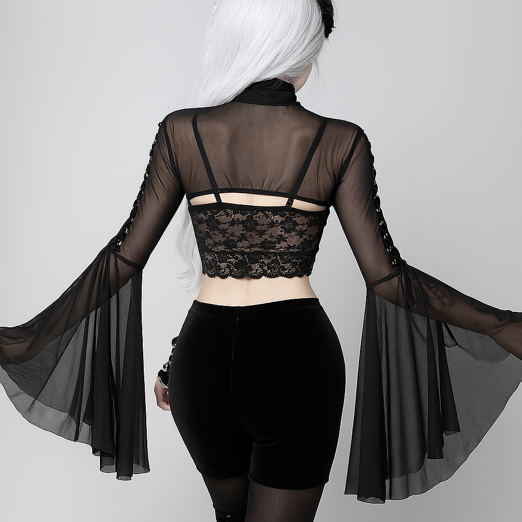 Sheer Gothic Mesh Top with Flared Sleeves