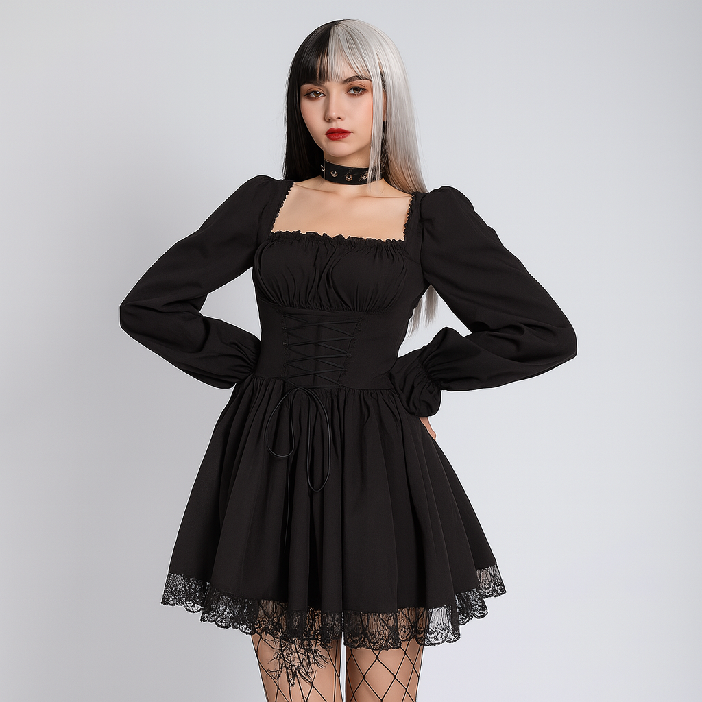 Puff Sleeve Gothic Princess Dress with Lace Trim