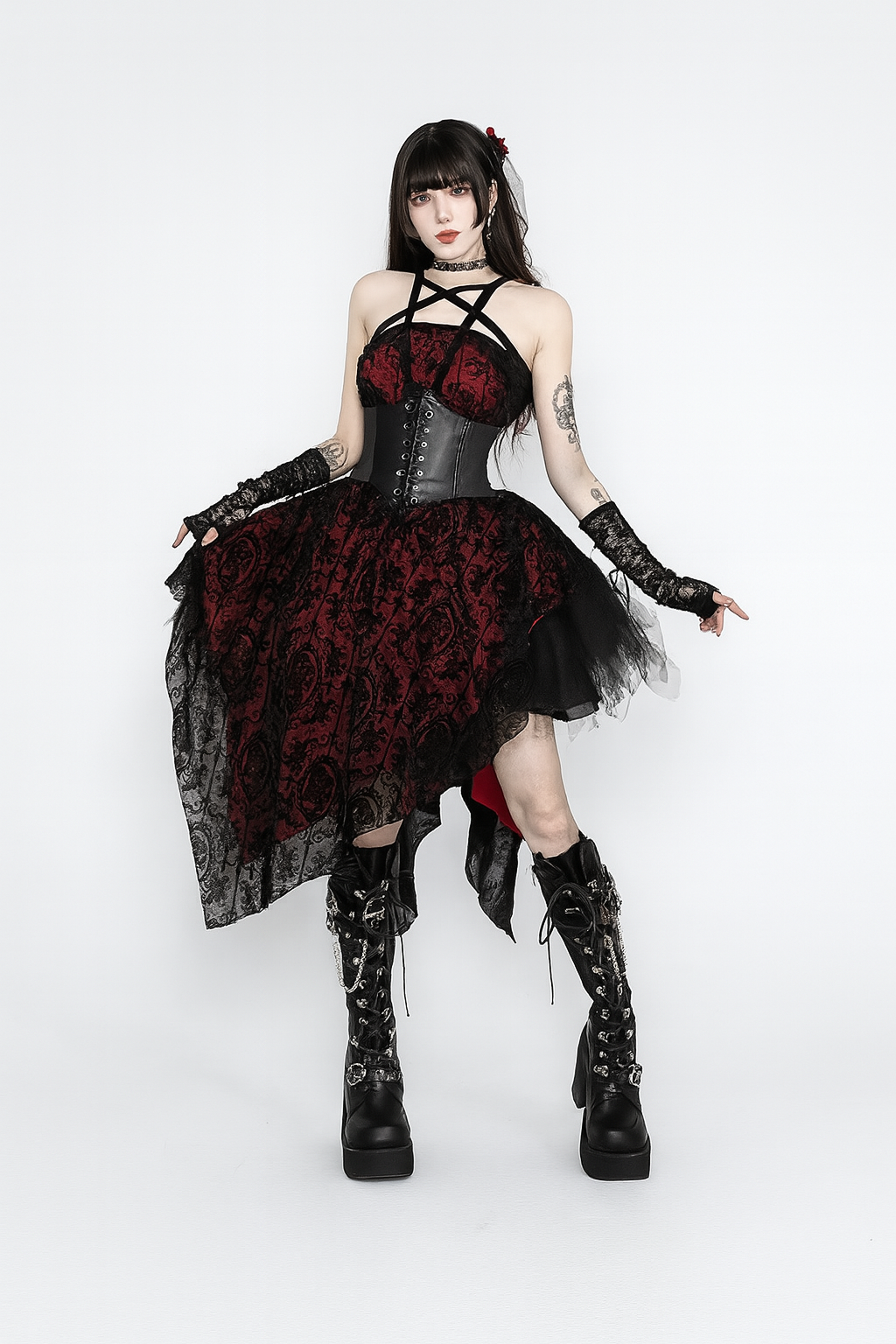 Gothic Red Flocked Mini Dress With Irregular Halter Neck
