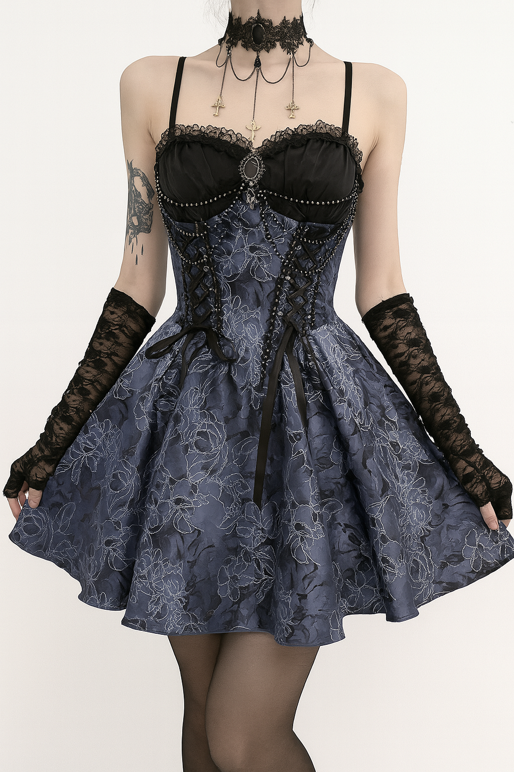 Gothic Lace Dress with Floral Jacquard and Lace Overlay