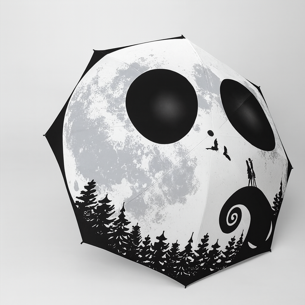 Tim 's The Nightmare Before Christmas Jack Skellington Automatic Open/Close Umbrella - 8-Rib Windproof Portable Folding Umbrella with Plastic Handle, Yin-Yang Moon & Pine Tree Design for Casual & Halloween Outings, Durable Construction, Outdoor Accessory,