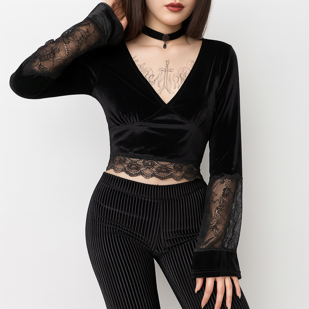 Sheer Lace Flared Sleeve Crop Top