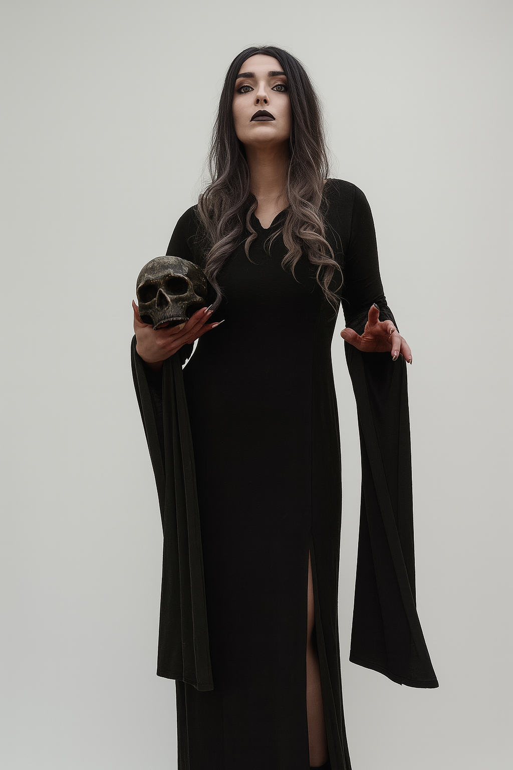 Witchy Lace Slit Maxi Dress for Gothic Elegance