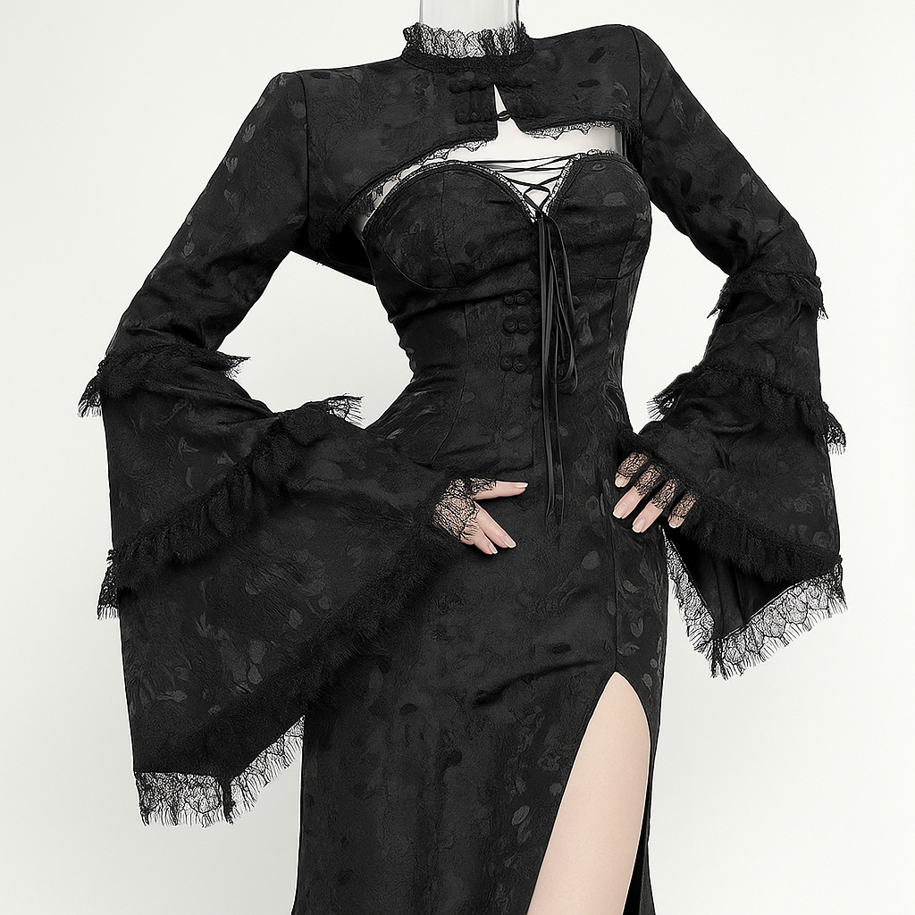 Gothic Lace-Up Maxi Dress and Sheer Cardigan Set