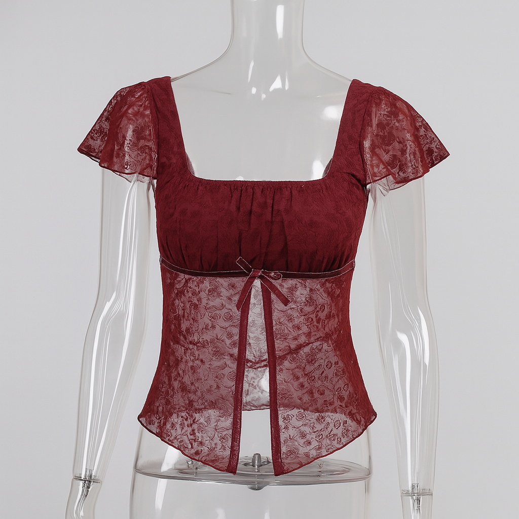 Gothic Red Crop Top with Square Neck and Side Slit