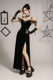 Gothic Velvet Off-Shoulder Slit Maxi Dress for Dark Elegance