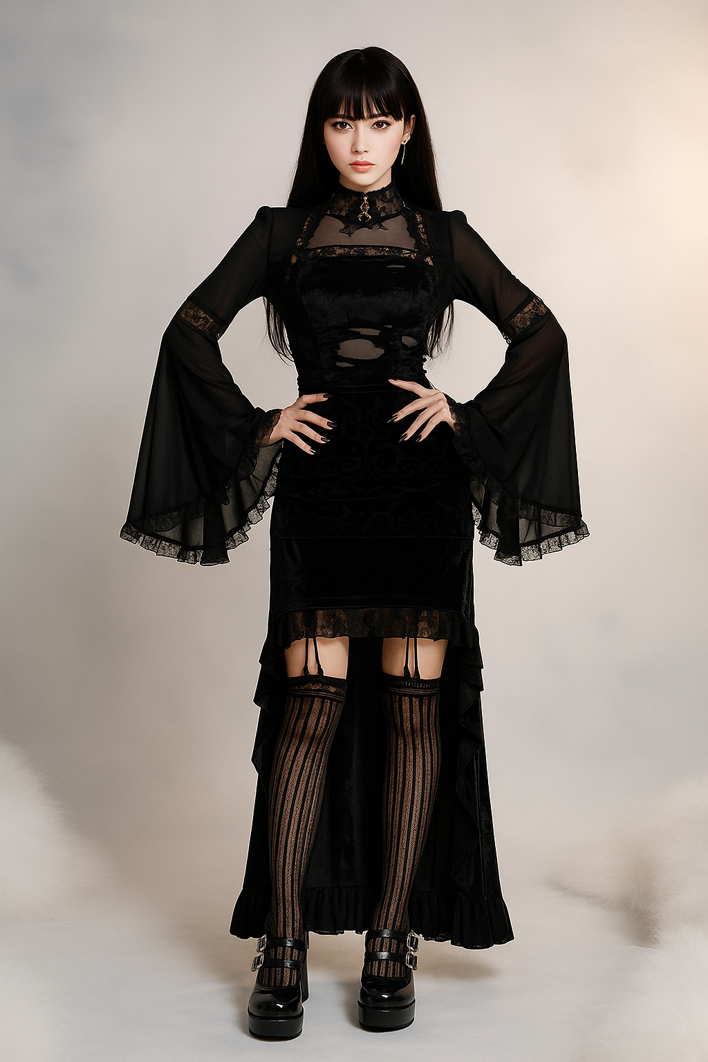 Dreadlace Sheer Jacquard Midi Skirt for Gothic Elegance