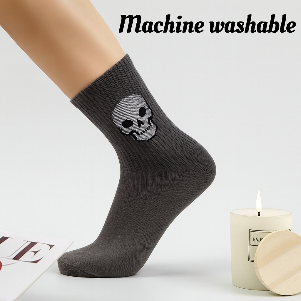 6 Pairs Halloween Skull Print Socks - Comfortable, Casual, and Versatile Knee-High Socks for Couples, Machine Washable, 280g/m², Casual Wear|Skull Print Socks| Construction