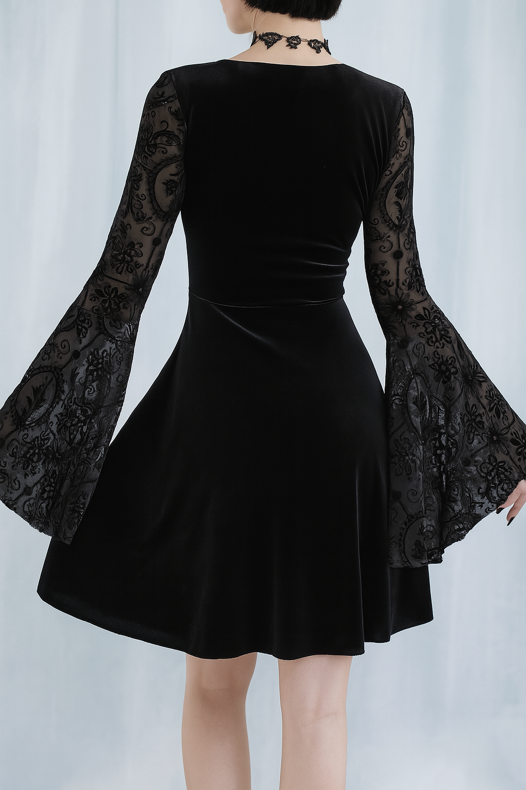Elegant Gothic Velvet Floral Dress with Lace-Up Detail