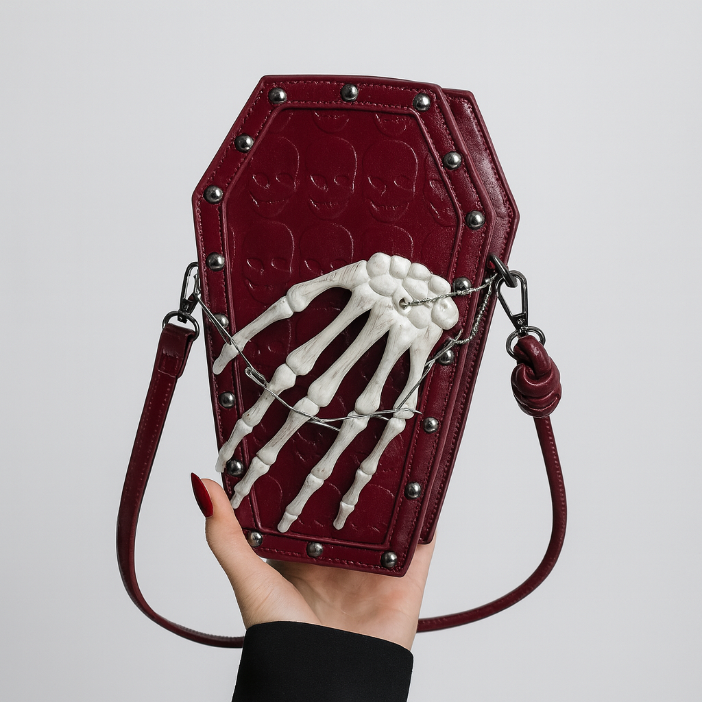 Gothic Skeleton Crossbody Bag, Shoulder Messenger with Zipper Closure, Polyester Lined, Edge Paint Detail, Solid Color, Fashionable for Halloween Horror Theme Events