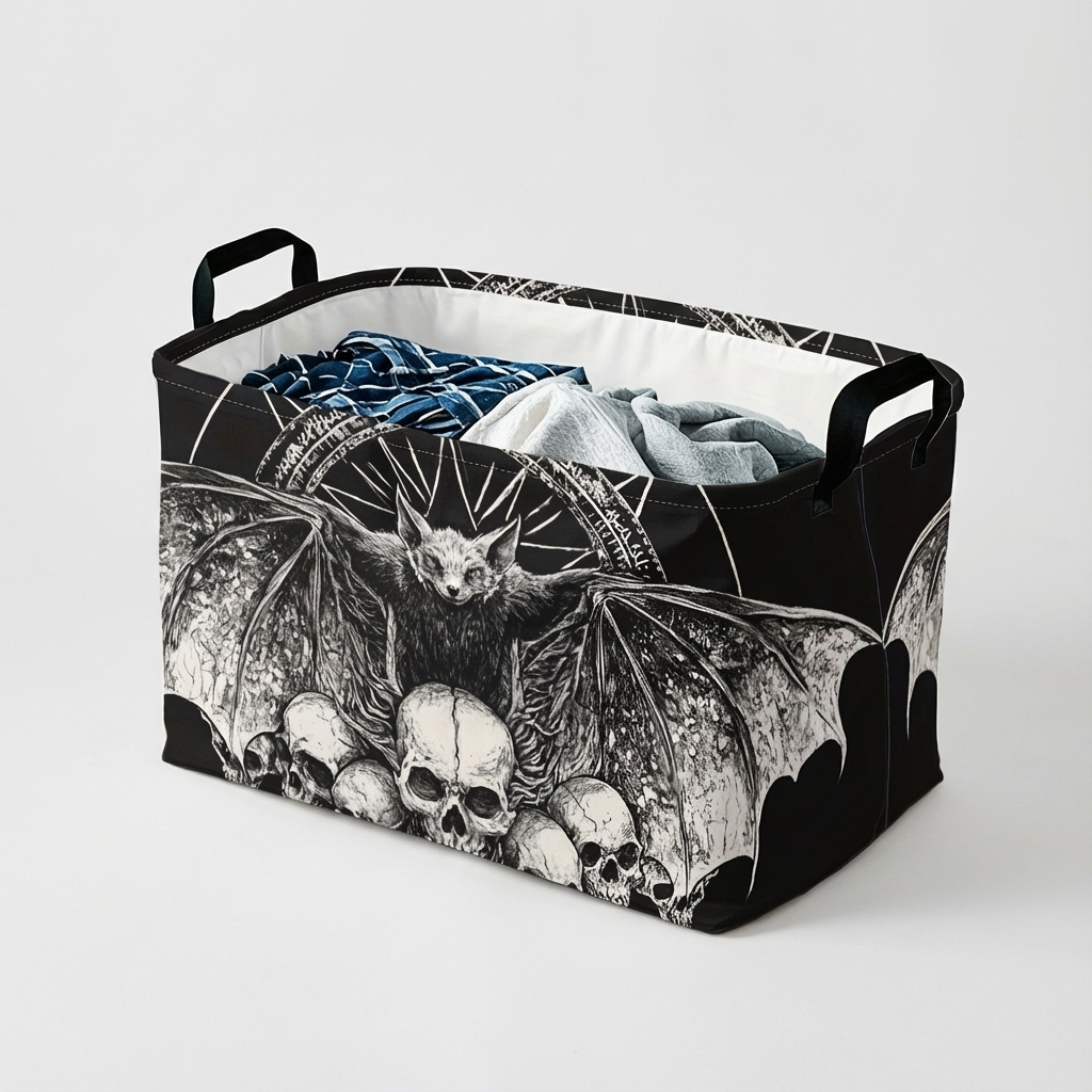 1pc Large Foldable Storage Basket - Gothic Bat & Skull Organizer, Collapsible Halloween Decor, Heavy-Duty Polyester Fabric for Candy, Dorm, Home - Spooky Gothic Home Decoration Gift, Halloween Decorations, Seasonal Organizer, Sturdy Handle Design