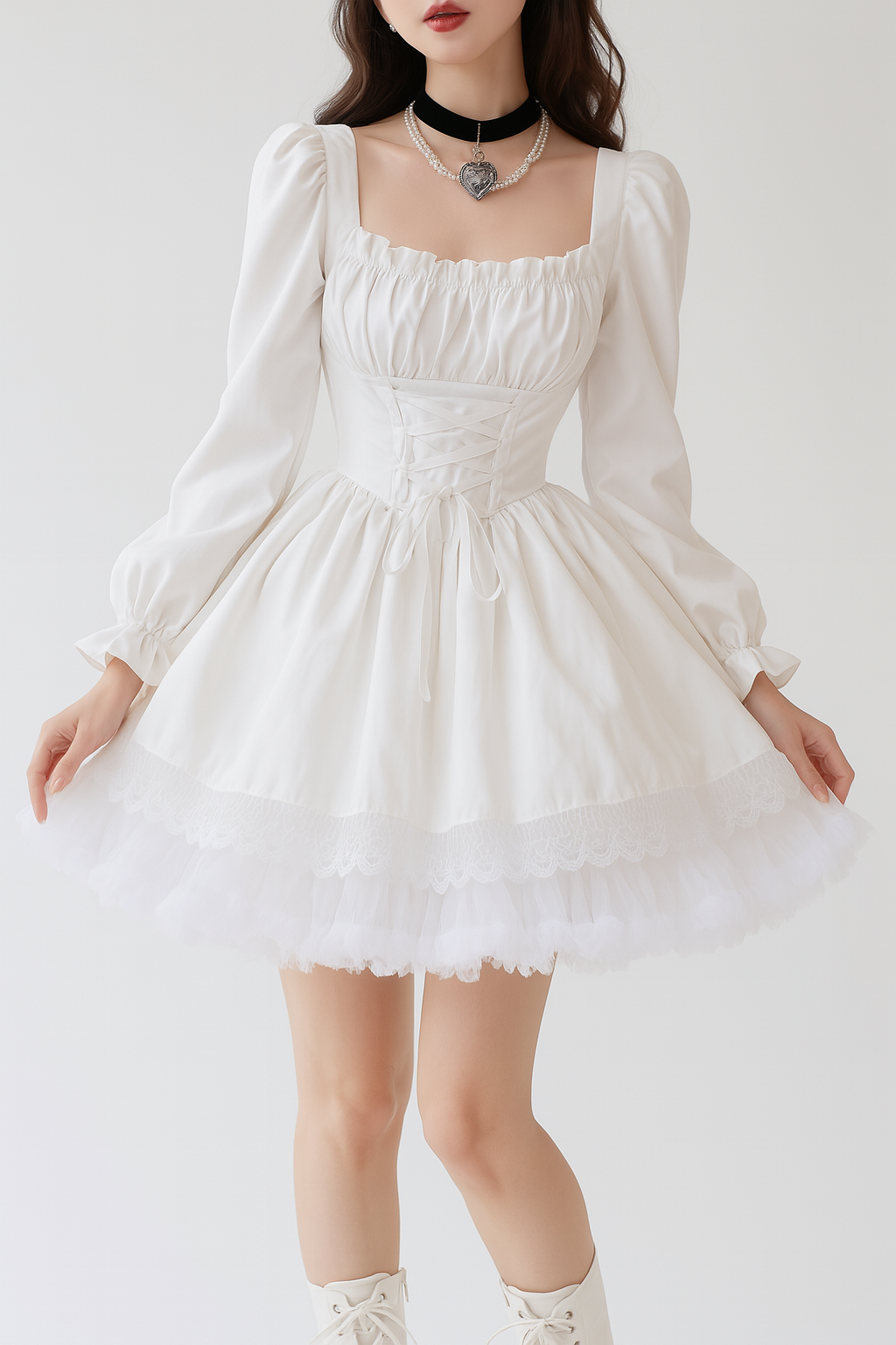 Puff Sleeve Gothic Princess Dress with Lace Trim