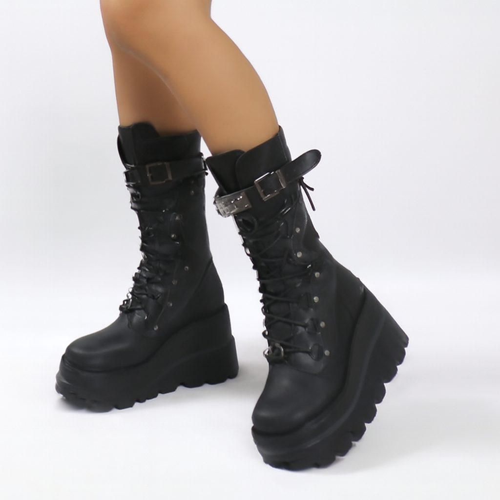 Women's Metal Beads Decor Wedge Heeled Boots, Fashion Lace Up Punk Style Boots, Stylish Back Zipper Boots