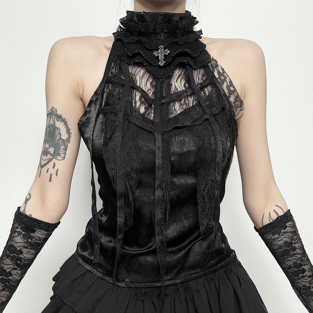 Gothic Rose Lace Halter Top with Spider Web Collar