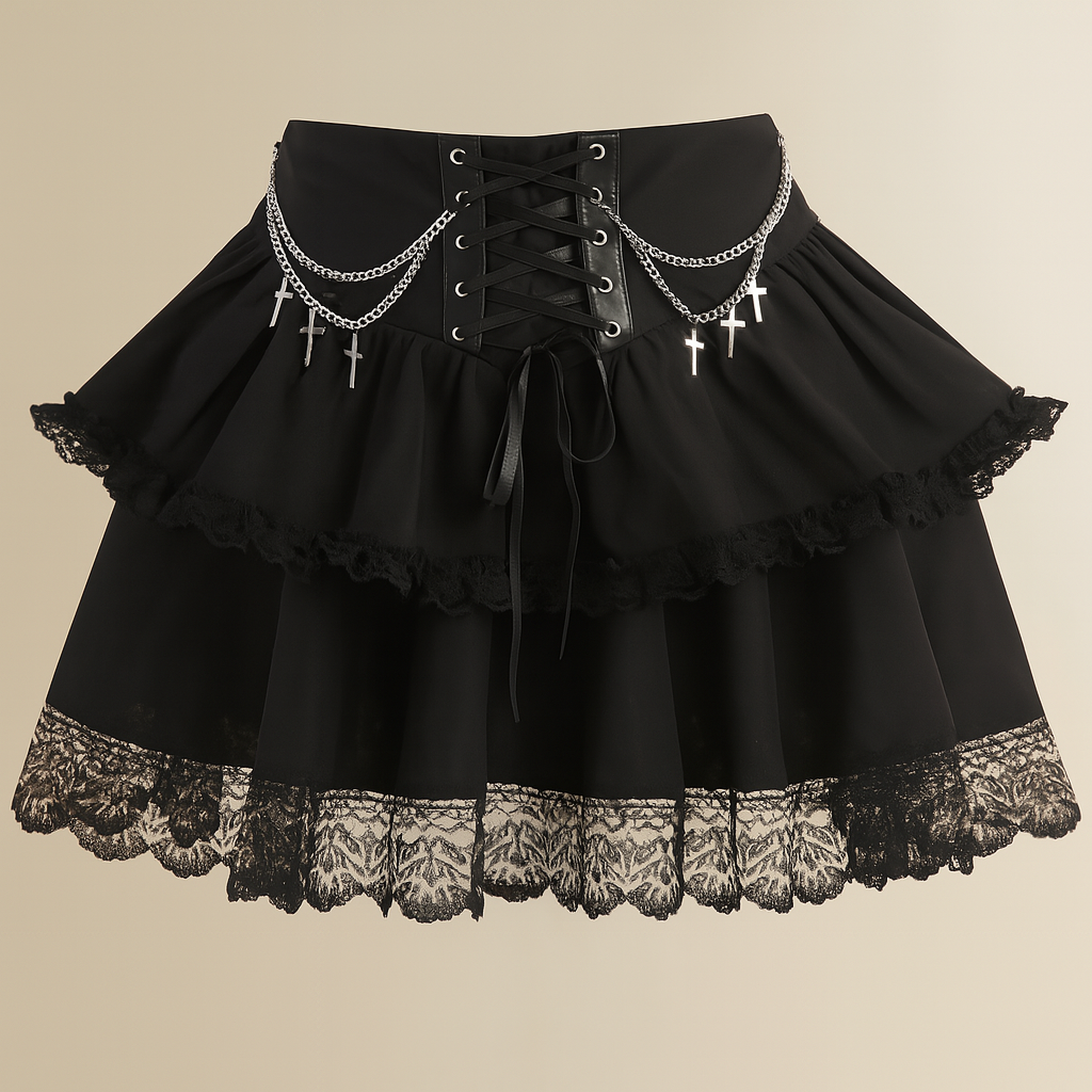 Layered Crosschain Gothic Skirt with Lace and Chains