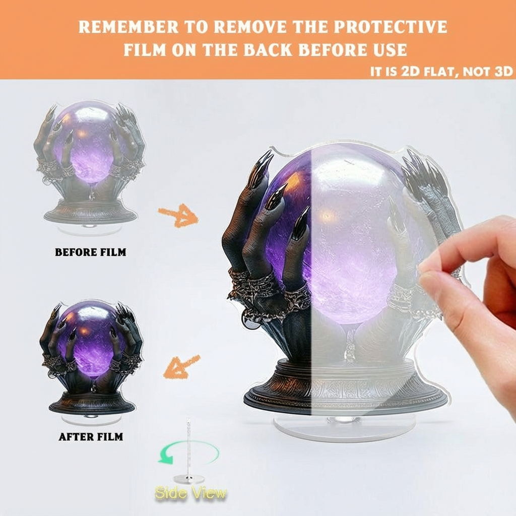 2D Flat, 1pc 2D Flat Rotating Acrylic Desktop Ornament - Witch Hands with Mystical Purple Crystal Ball, 360° Spin Gothic Decor for Halloween & Office, No Electricity Needed, Spooky Room Accent, Intricate Design, Detailed Craftsmanship, Decorative Piece, 2