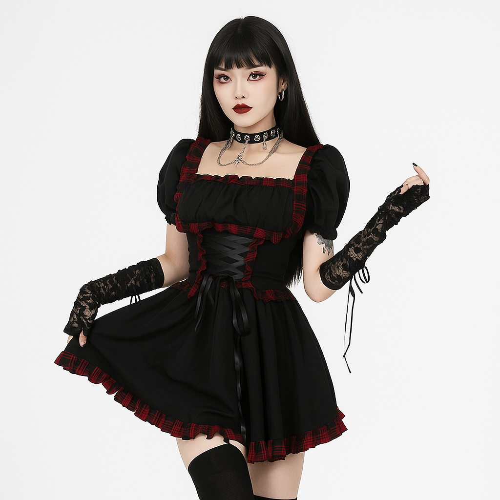 Gothic Punk Rock Dress with Plaid Detailing and Puff Sleeves