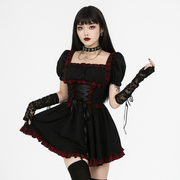 Gothic Punk Rock Dress with Plaid Detailing and Puff Sleeves