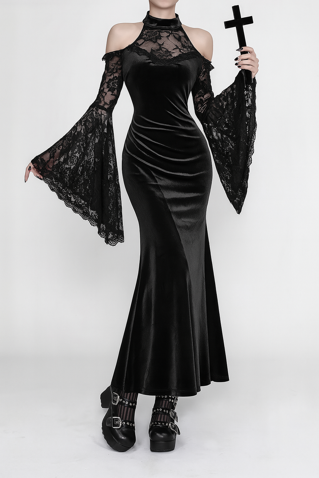 Witchy Off-Shoulder Gothic Dress with Flared Lace Sleeves