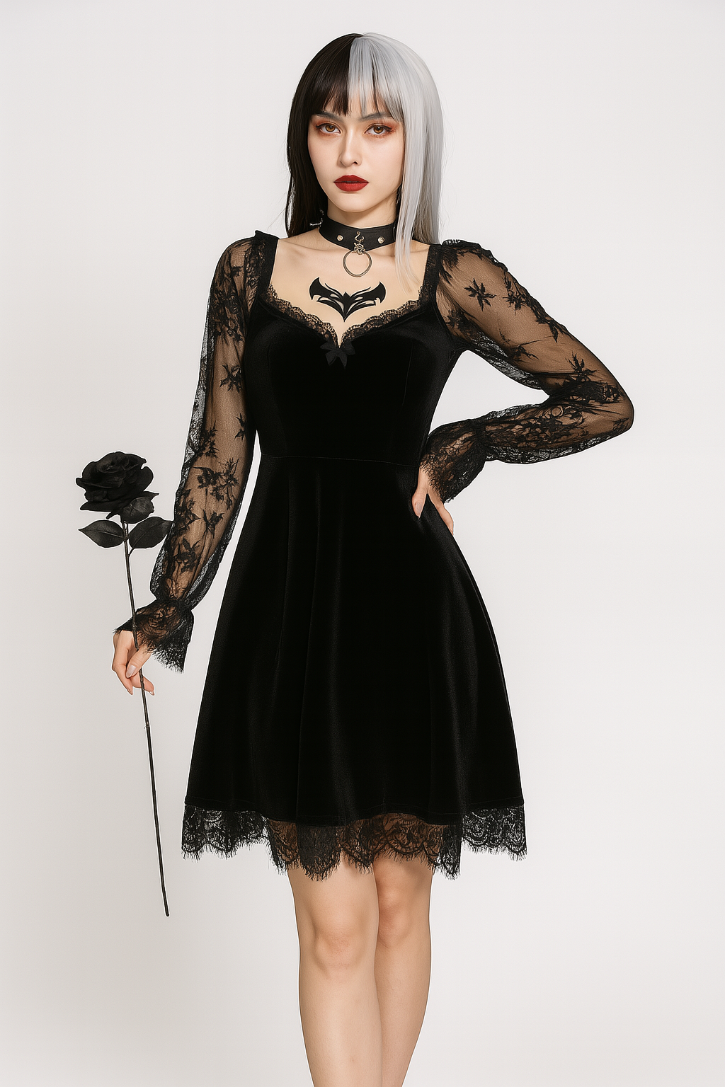 Gothic Ruffled Lace Mini Dress in Black Red and Burgundy