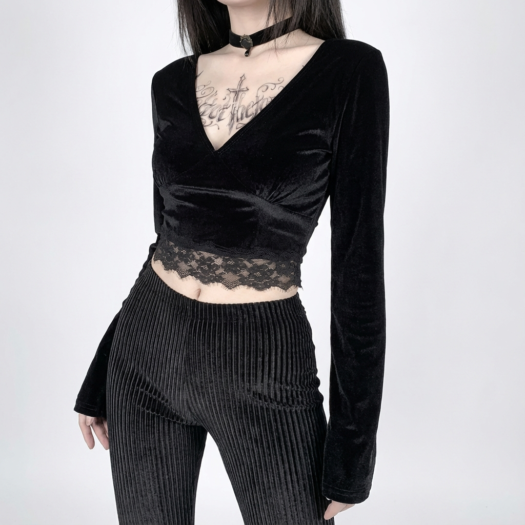 Gothic Lace Velvet Dress with High Slit and Bell Sleeves