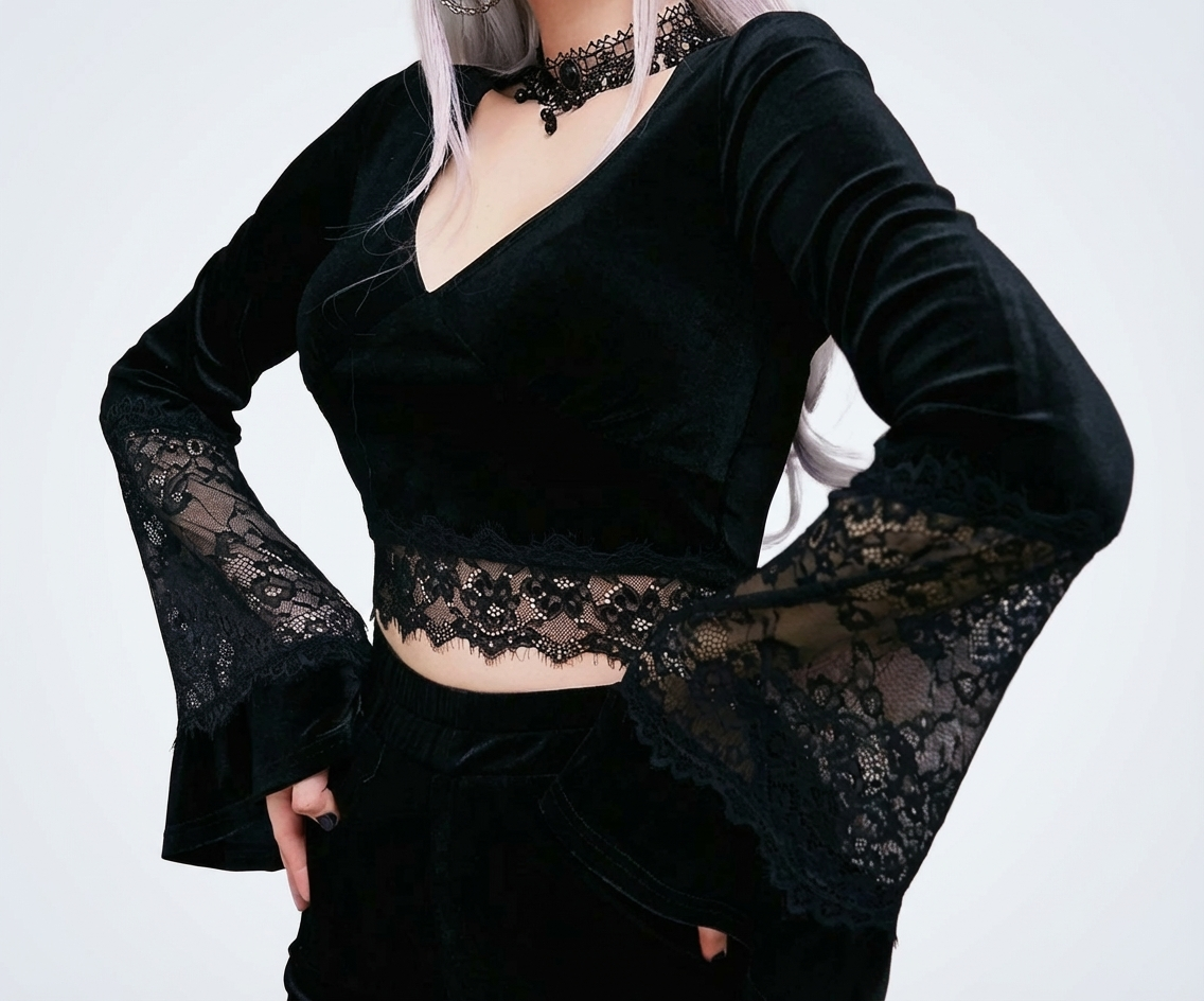 Gothic Lace Velvet Dress with High Slit and Bell Sleeves