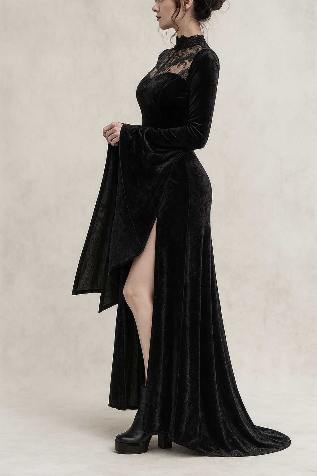 Witchy Lace Slit Maxi Dress for Gothic Elegance
