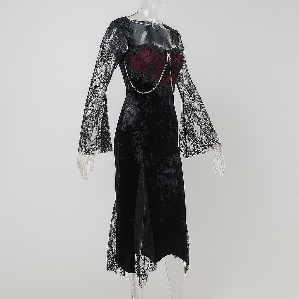 Gothic Lace Velvet Dress with High Slit and Bell Sleeves