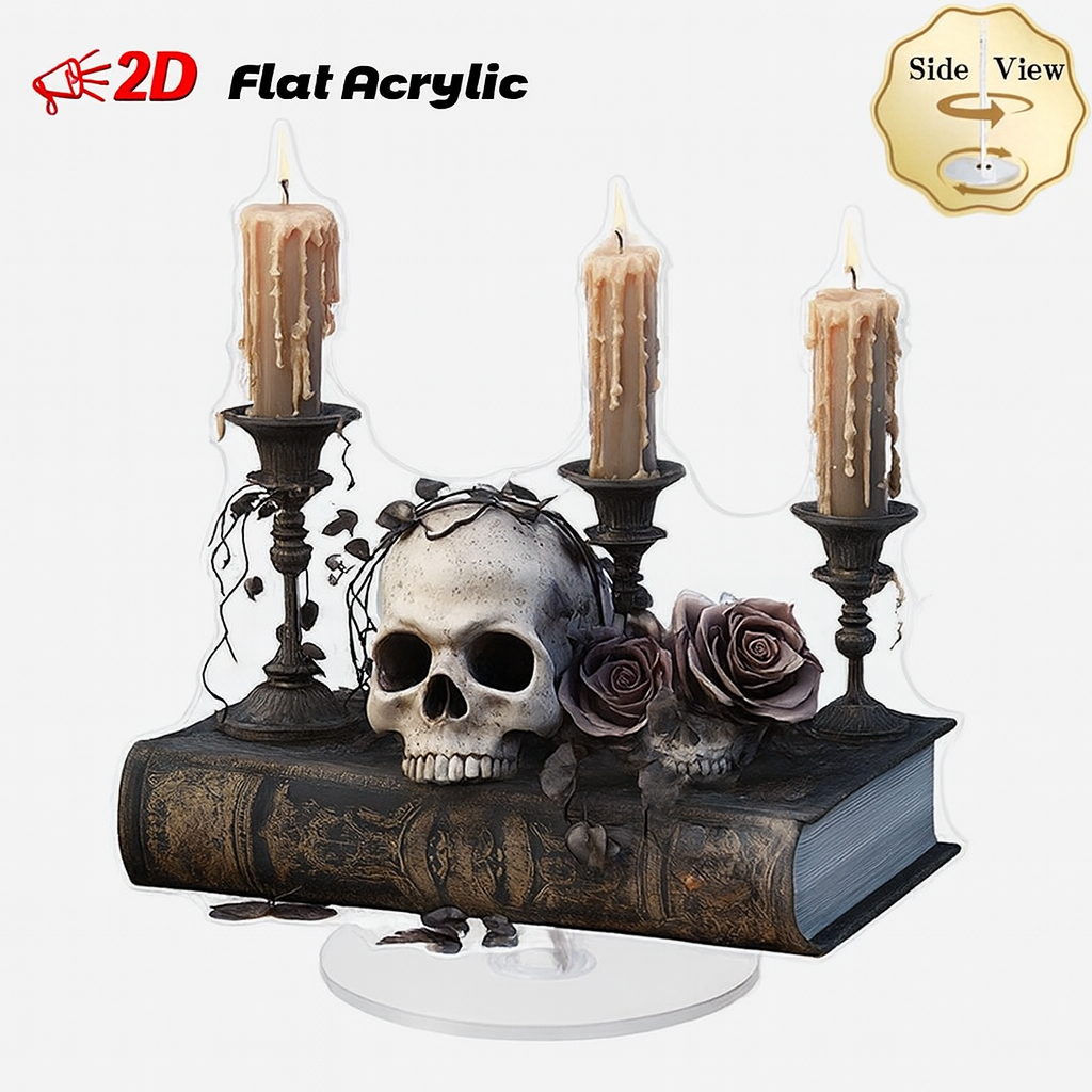 2D Flat, 1pc Gothic Skull & Roses Rotating Acrylic Desktop Decor with Candles - 2D Flat Spooky Halloween Decoration for Home Office, Creative Spaces, Relaxation Areas - No Electricity Needed, Halloween Home Decor, Mystical Ambiance, Elegant Design, 2D Fla