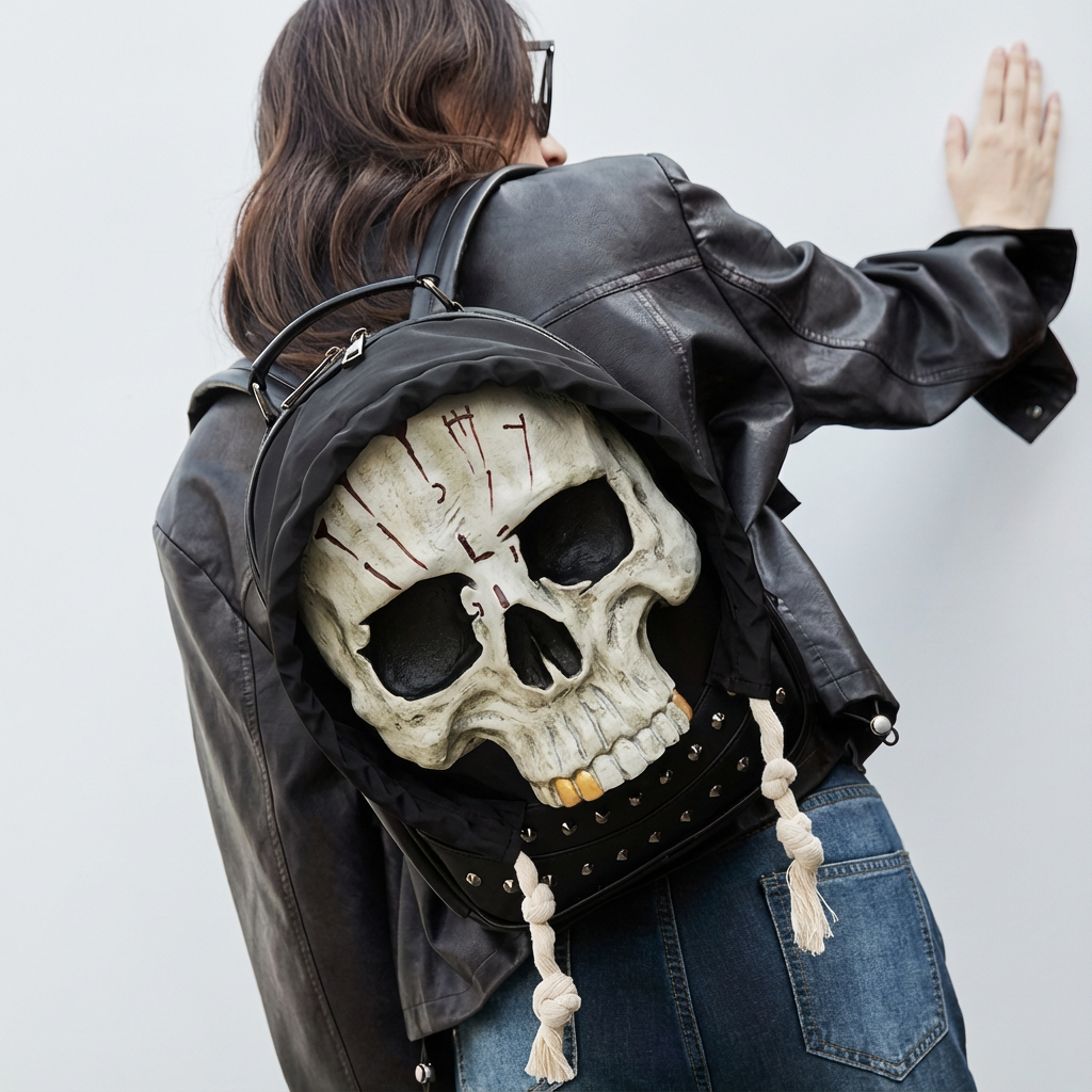 Men's & Women's Gothic Backpack - Halloween Party Costume Bag with Realistic 3D Skull, Black Gothic Backpack, Adjustable Strap, Zipper Closure - for School, Everyday, Costume Events - Edgy Streetwear Backpack, Halloween Clothes