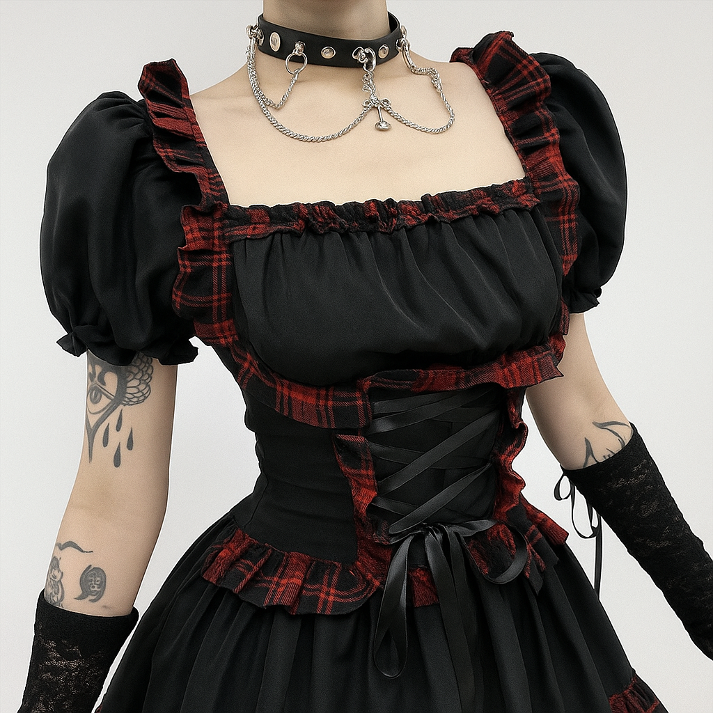 Gothic Punk Rock Dress with Plaid Detailing and Puff Sleeves