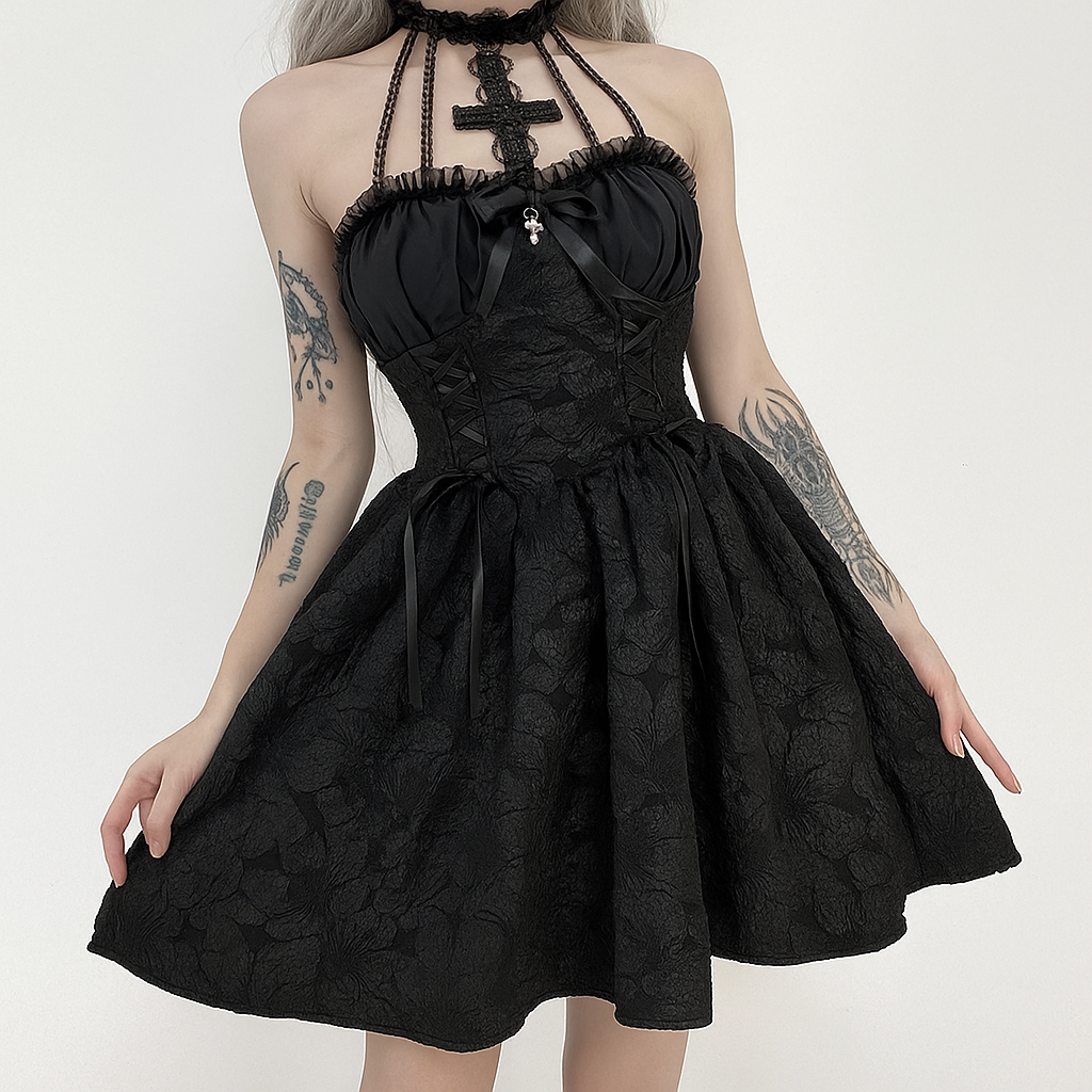 Gothic Cross Halter Mini Dress with Ruched Backless Puff Skirt