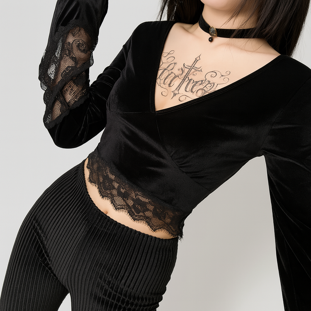 Sheer Lace Flared Sleeve Crop Top