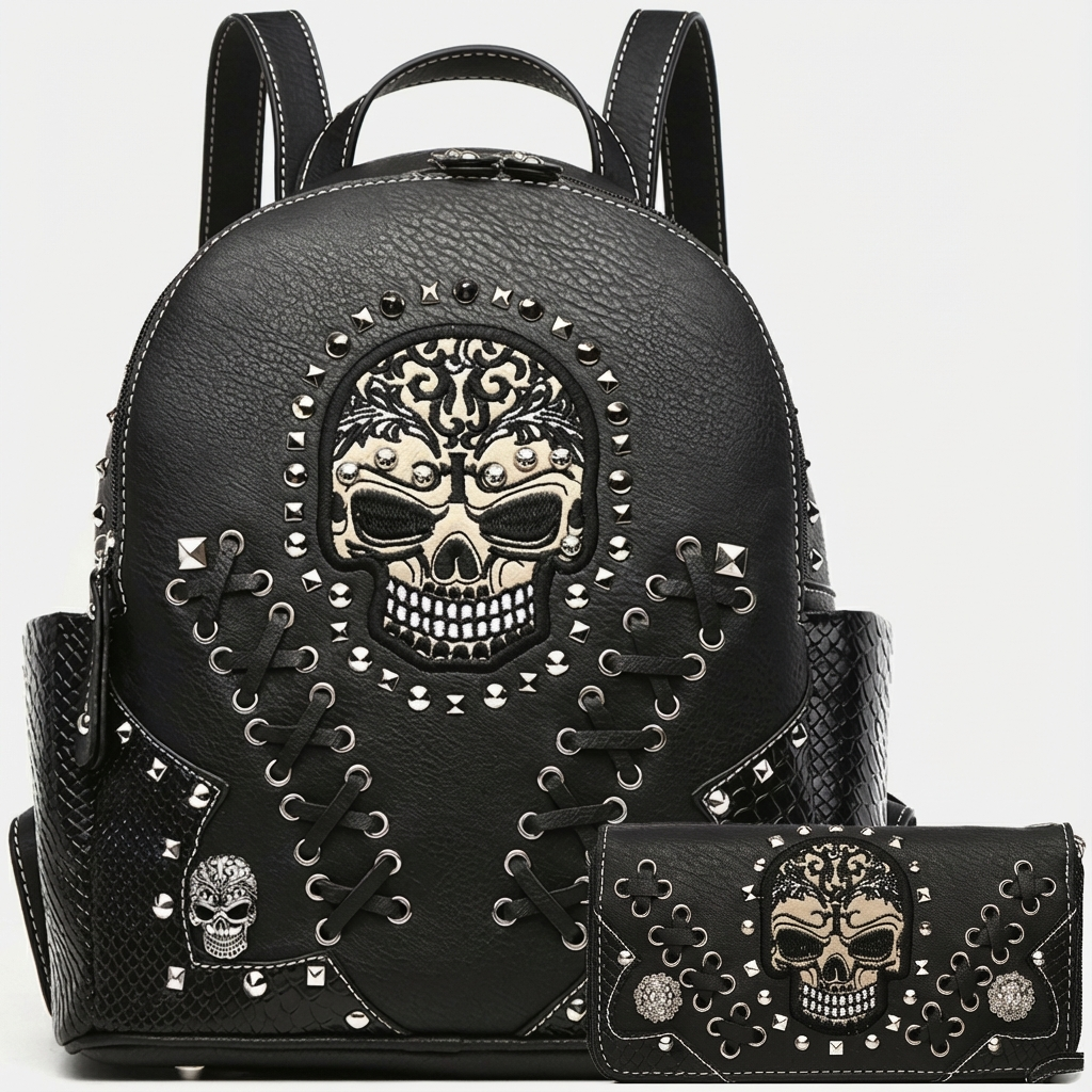 Gothic Skull Women Backpack with Matching Wallet Set