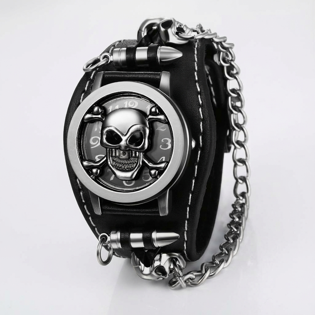 Men's Gothic Punk Skull Watch with Chain - Large Black Wide Cuff Analog Quartz Wristwatch, Golden-Tone Hands & Roman Numerals, Battery-Powered, Durable Metal Construction for Halloween, Valentine's Day & Casual Attire - Edgy Statement Accessory for Men