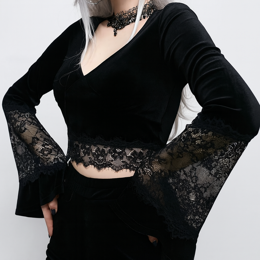 Sheer Lace Flared Sleeve Crop Top